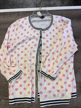 Talbots White Cardigan with Pink Polka Dots and Navy Trim